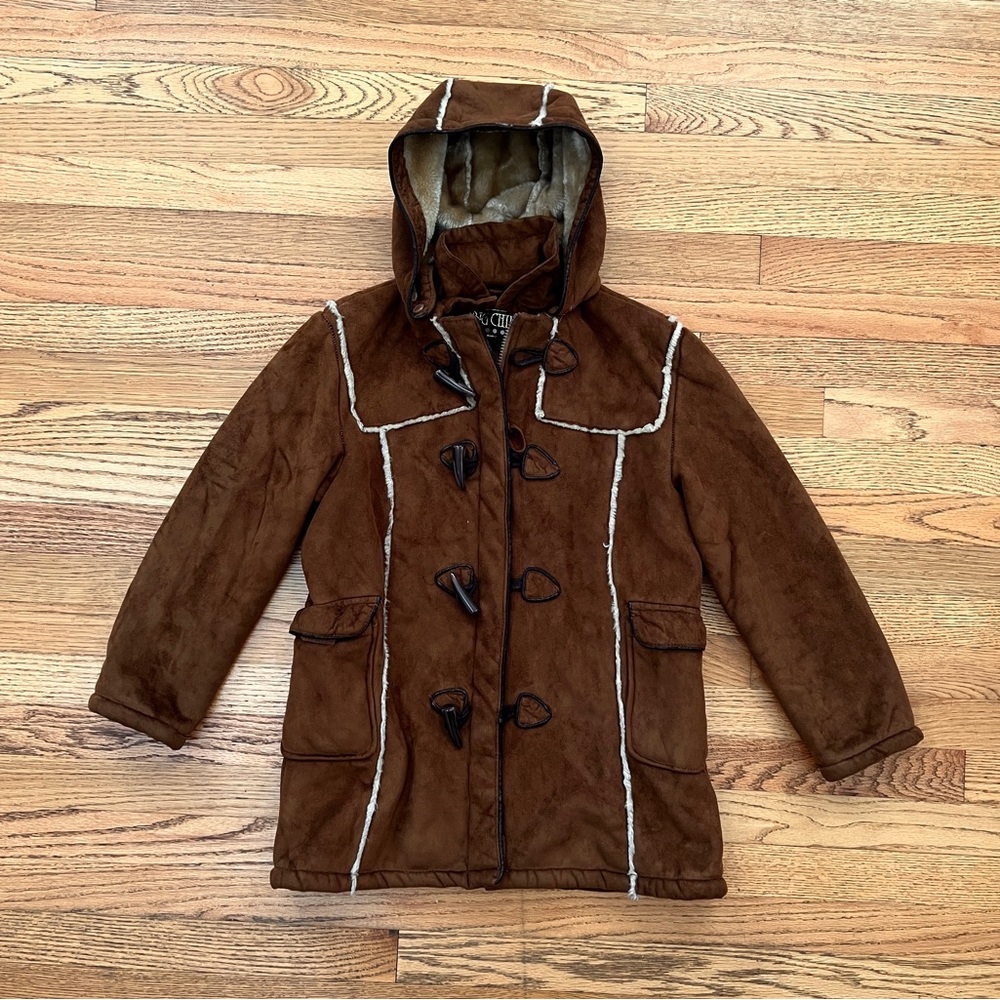 Y2K Brown & Tan Faux Suede/Fur Duffle Coat